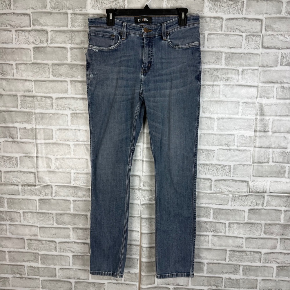 DU/ER Performance Denim Slim Fit Jeans Mens 33 x 32 Medium Wash Blue Distressed
